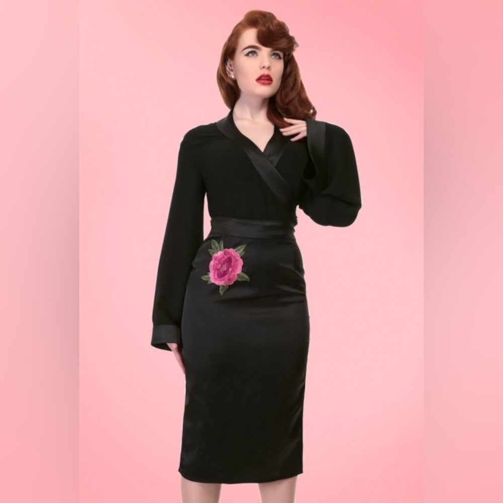 NWT Collectif Black Satin Fishtail Skirt Pinup Girl Couture Deadly Dames Goth S